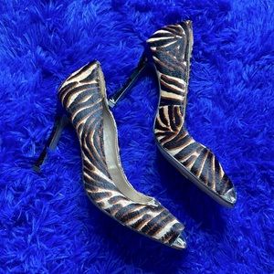 Bruno Menegatti Black Brown Tiger Fur Print Silver Square Toe Heels Size 6